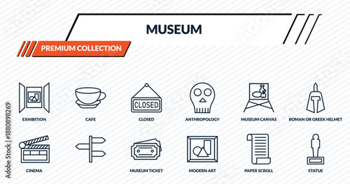 museum icons set - exhibition, cafe, closed, , statue outline vector collection.