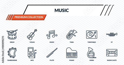 music icons set - drum, violin, music, mp3, radio caste outline vector collection.