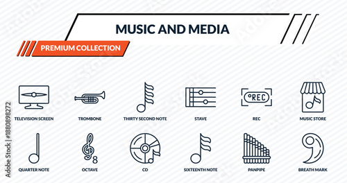 music and media icons set - television screen off, trombone, thirty second note, octave, breath mark outline vector collection.