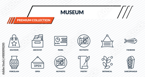 museum icons set - souvenir, archivist, panel, open, sarcophagus outline vector collection.