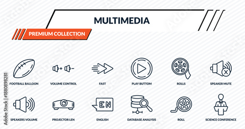 multimedia icons set - football balloon, volume control, fast, projector len, science conference outline vector collection.