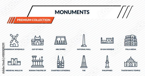 monuments icons set - kinderdijk windmills, gat of india, abu simbel, roman theatre of merida, thatbyinnyu temple outline vector collection.