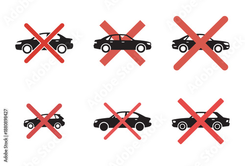 Six black car icons with a red cross indicating no cars allowed or parking prohibition