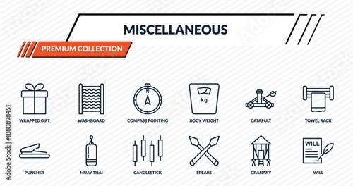 miscellaneous icons set - wrapped gift, washboard, compass pointing north, muay thai, will outline vector collection.