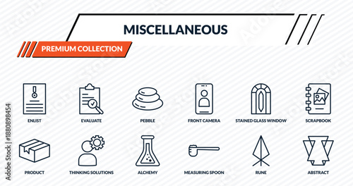 miscellaneous icons set - enlist, evaluate, pebble, thinking solutions, abstract outline vector collection.