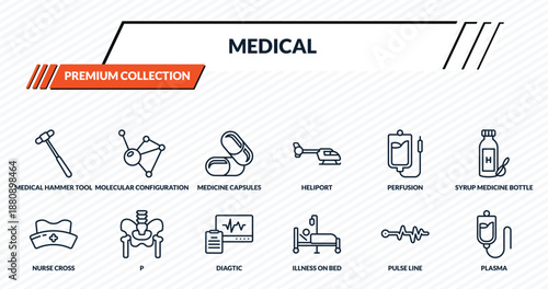 medical icons set - medical hammer tool, molecular configuration, medicine capsules, p, plasma outline vector collection.