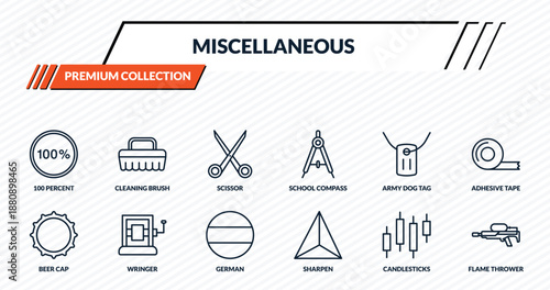 miscellaneous icons set - 100 percent, cleaning brush, scissor, wringer, flame thrower outline vector collection.