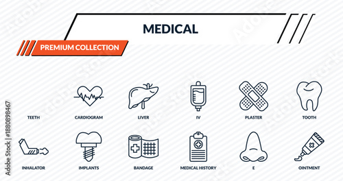 medical icons set - teeth, cardiogram, liver, implants, ointment outline vector collection.
