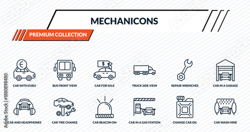 mechanicons icons set - car with euro, bus front view, car for sale, car tire change, wash hine outline vector collection.