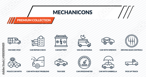 mechanicons icons set - van side view, car repair check list, car battery, car with heat problems, pick up truck outline vector collection.