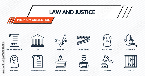law and justice icons set - death certificate, court, murder, criminal record, guilty outline vector collection.