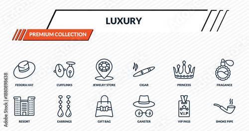 luxury icons set - fedora hat, cufflinks, jewelry store, earrings, smoke pipe outline vector collection.