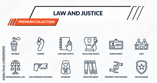 law and justice icons set - witness, corpse, law and justice, electroshock weapon, police badge outline vector collection.