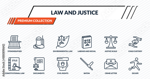 law and justice icons set - stenographer, , environmental law, documents, escape outline vector collection.
