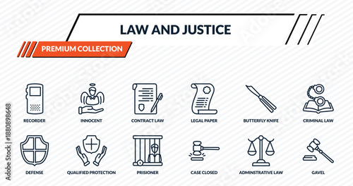 law and justice icons set - recorder, innocent, contract law, qualified protection, gavel outline vector collection.