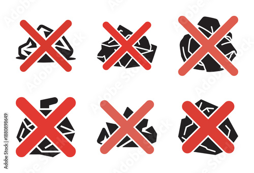 A collection of forbidden waste icons illustrating disposal restrictions and recycling rules