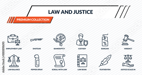 law and justice icons set - employment law, shotgun, bankruptcy, pepper spray, justice scales in hand outline vector collection.