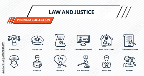 law and justice icons set - roman law, police cap, law paper, convict, bribery outline vector collection.