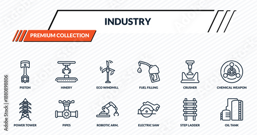 industry icons set - piston, hinery, eco windmill, pipes, oil tank outline vector collection.