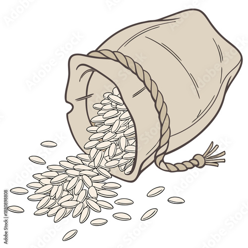 Beige jute bag spilling rice grains brown