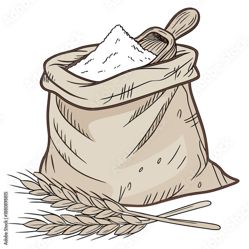 Burlap bag filled with white flour and wooden scoop with wheat