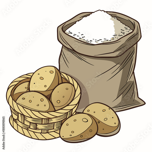 Rustic grocery composition with potatoes and rice basket 1