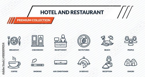 hotel and restaurant icons set - breakfast, checkroom, receptionist, smoking, onigiri outline vector collection.