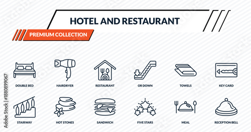 hotel and restaurant icons set - double bed, hairdryer, restaurant, hot stones, reception bell outline vector collection.