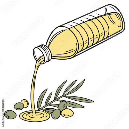 Pouring olive oil from clear plastic bottle with olives and leaves