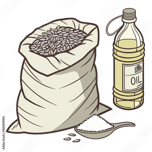 Rice sack with grains and oil bottle