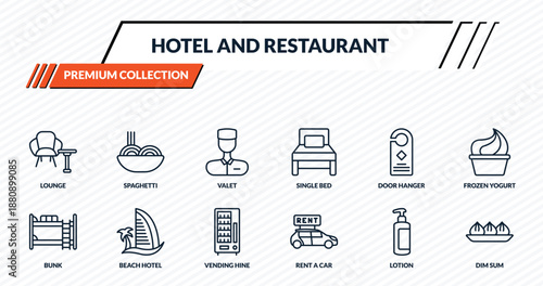 hotel and restaurant icons set - lounge, spaghetti, valet, beach hotel, dim sum outline vector collection.