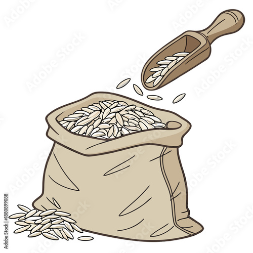 Wooden scoop lifting rice from burlap bag grains food