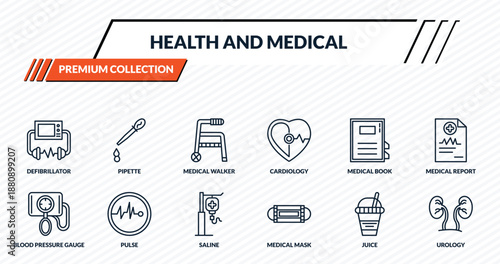 health and medical icons set - defibrillator, pipette, medical walker, pulse, urology outline vector collection.