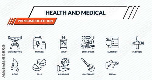 health and medical icons set - weightlifting, proteins, syrup, pills, injury outline vector collection.