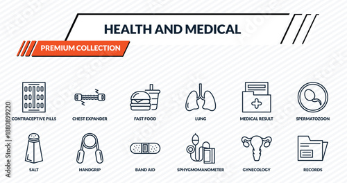 health and medical icons set - contraceptive pills, chest expander, fast food, handgrip, records outline vector collection.