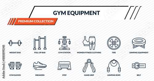 gym equipment icons set - weight bar, pull up bar, gym station, sneakers, belt outline vector collection.