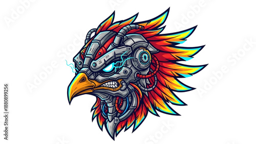 Cyborg eagle head with glowing blue eyes and fiery feathers on black background