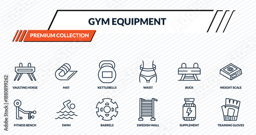 gym equipment icons set - vaulting horse, mat, kettlebells, swim, training gloves outline vector collection.