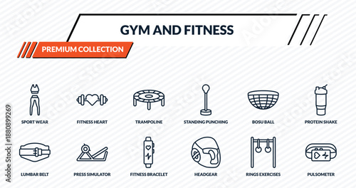 gym and fitness icons set - sport wear, fitness heart, trampoline, press simulator, pulsometer outline vector collection.