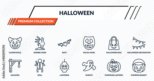 halloween icons set - clown smile, zombie hand, bats, doll, pumpkin basket outline vector collection.