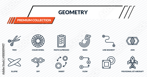 geometry icons set - trim, color wheel, paste clipboard, off, polygonal jet aircraft outline vector collection.
