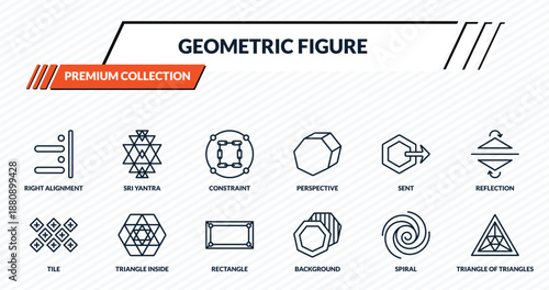 geometric figure icons set - right alignment, sri yantra, constraint, triangle inside hexagon, triangle of triangles outline vector collection.