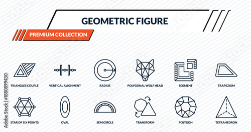 geometric figure icons set - triangles couple, vertical alignment, radius, oval, tetrahedron outline vector collection.