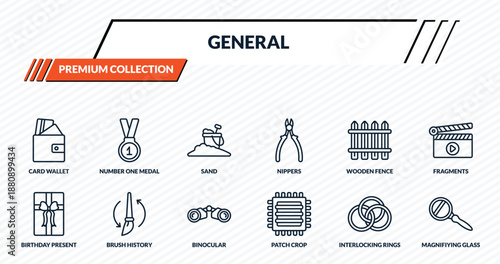 general icons set - card wallet, number one medal, sand, brush history, magnifiying glass outline vector collection.