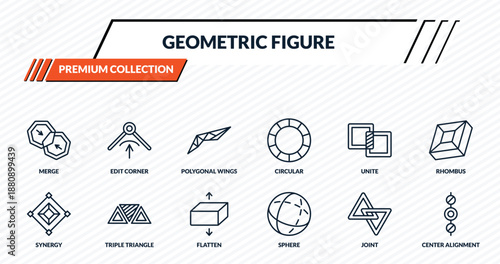 geometric figure icons set - merge, edit corner, polygonal wings, triple triangle, center alignment outline vector collection.