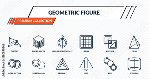 geometric figure icons set - distort, side to side of a cube, mirror horizontally, foreground, cylinder outline vector collection.