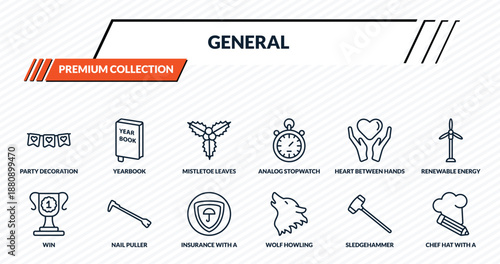 general icons set - party decoration, yearbook, mistletoe leaves, nail puller, chef hat with a pencil outline vector collection.