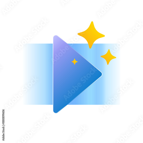 Modern vector illustration of an AI generated video concept. play icon, sparkling elements. artificial intelligence video creation, synthetic media, automated content, futuristic digital technology