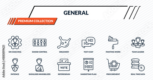 general icons set - on coaching, sound control, organism, shoulder immobilizer, real time data outline vector collection.