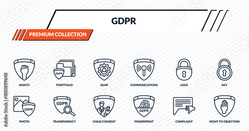gdpr icons set - rights, portfolio, gear, transparency, right to objection outline vector collection.